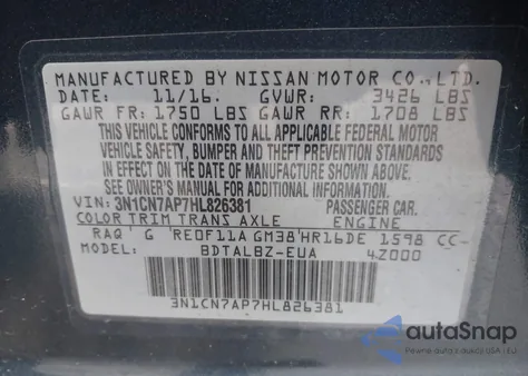 2017 Nissan Versa 1.6 Sv from USA, damaged, VIN 3N1CN7AP7HL826381